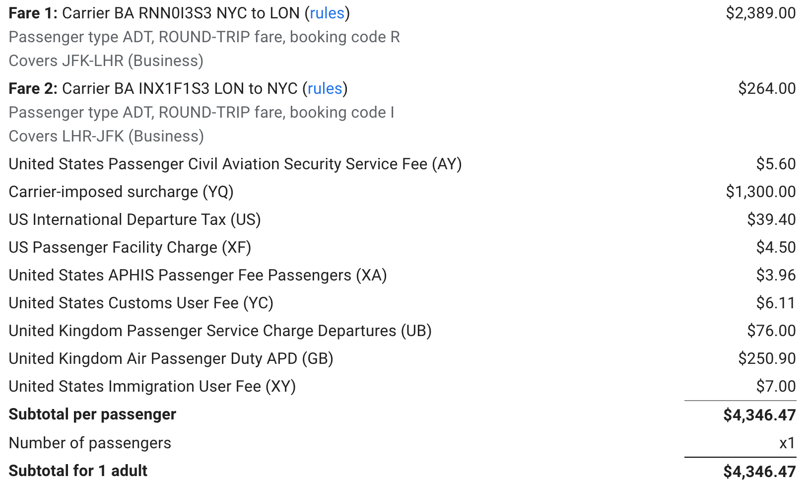 ITA Matrix fare breakdown for a business class round-trip itinerary from JFK to LHR