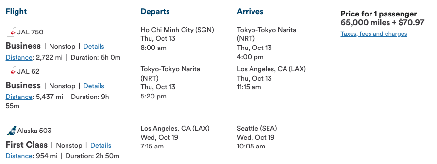 JAL award ticket on Alaska Airlines website