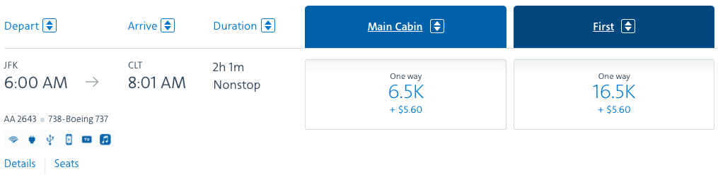 JFK to CLT American award ticket