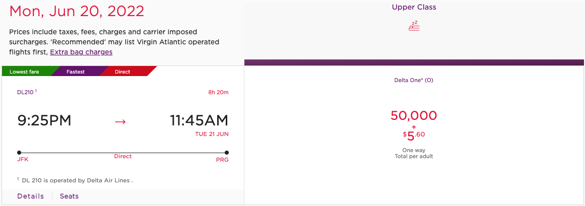 JFK to PRG Virgin Atlantic award ticket