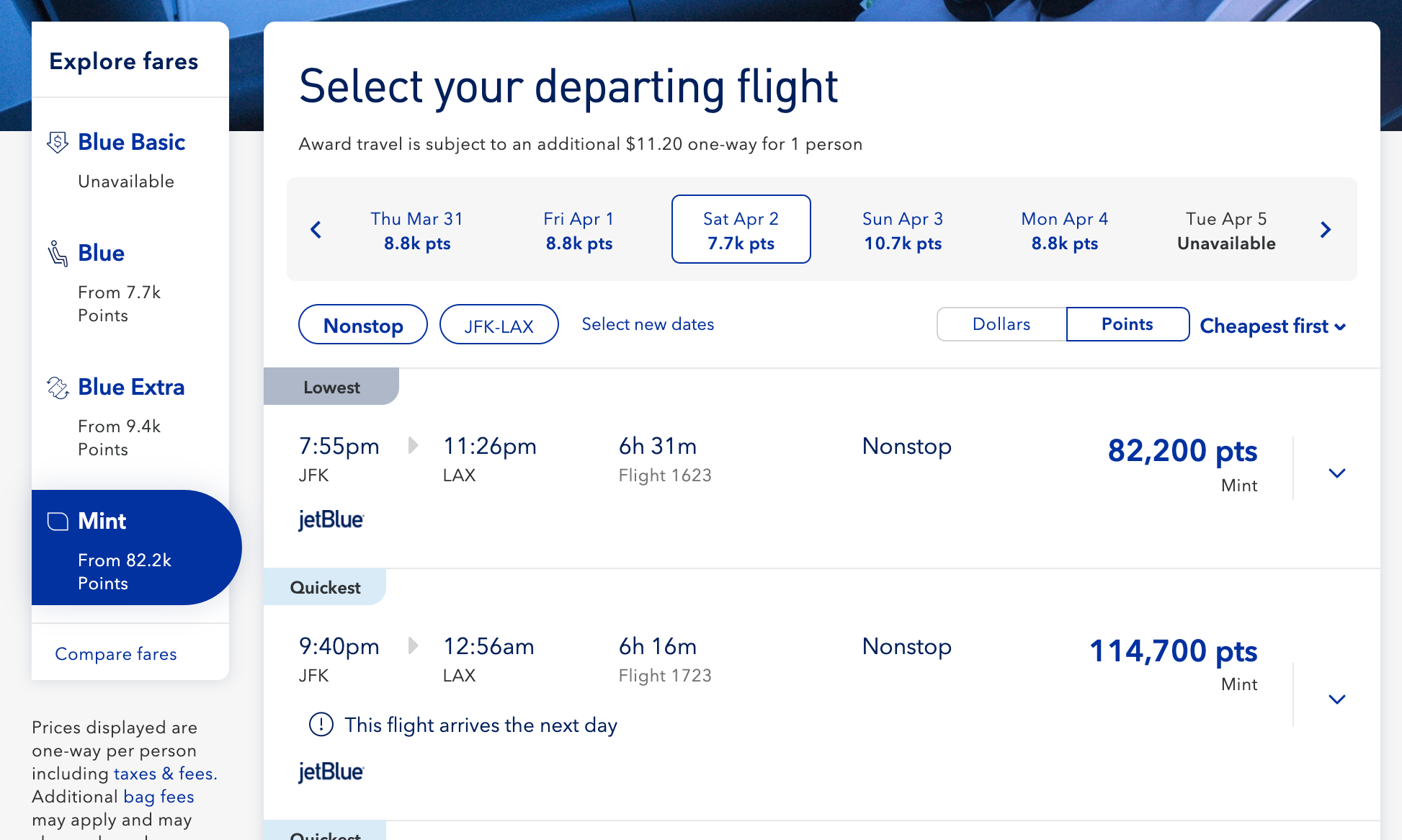 JetBlue TrueBlue Mint award prices