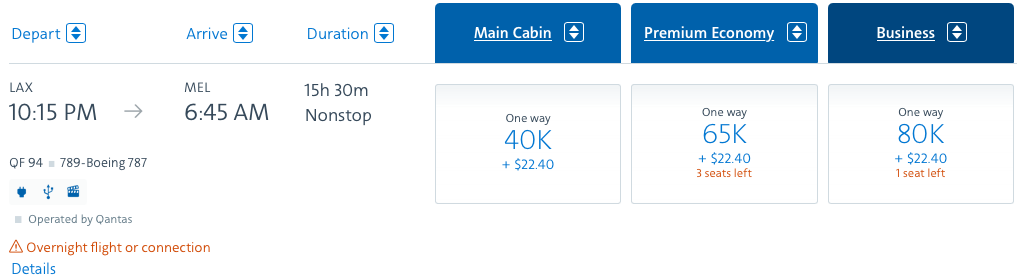 LAX to MEL AAdvantage award pricing on Qantas