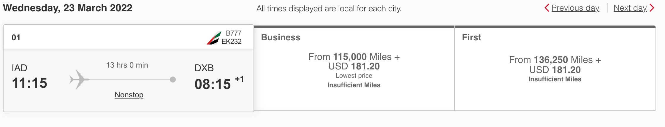 Emirates flight pricing from IAD to DXB