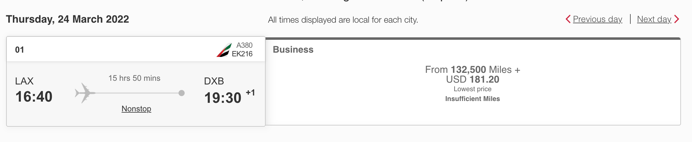 Emirates flight pricing from LAX to DXB
