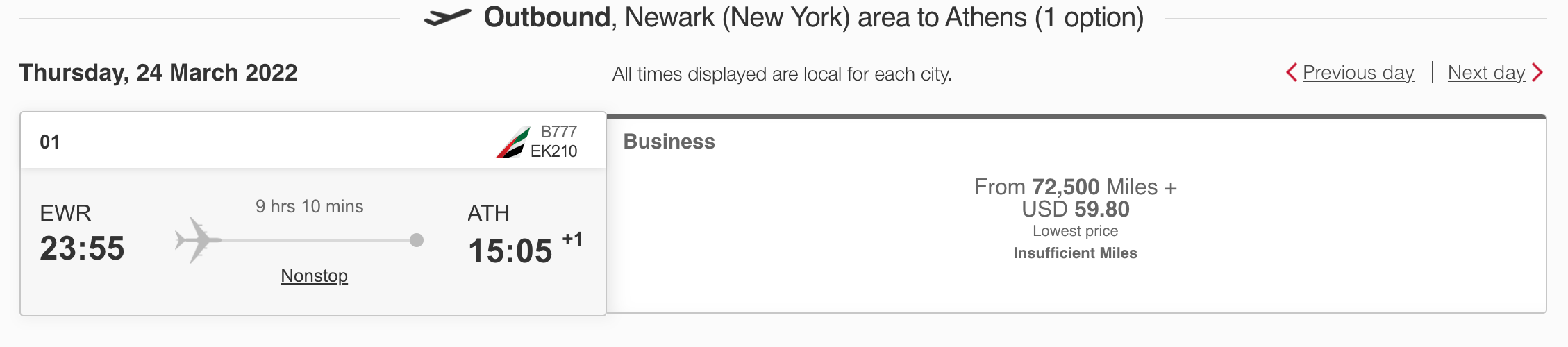 Emirates flight pricing from EWR to ATH