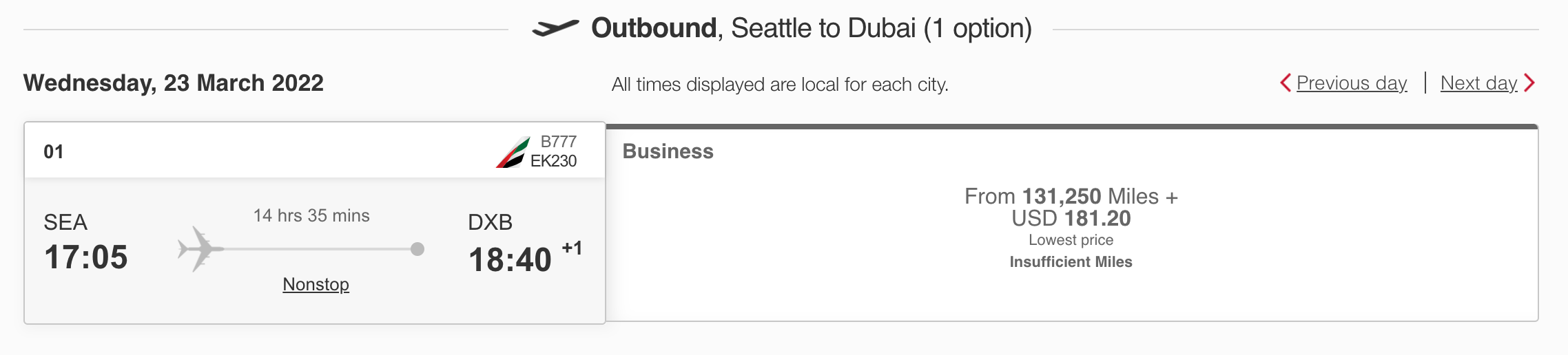 Emirates flight pricing from SEA to DXB