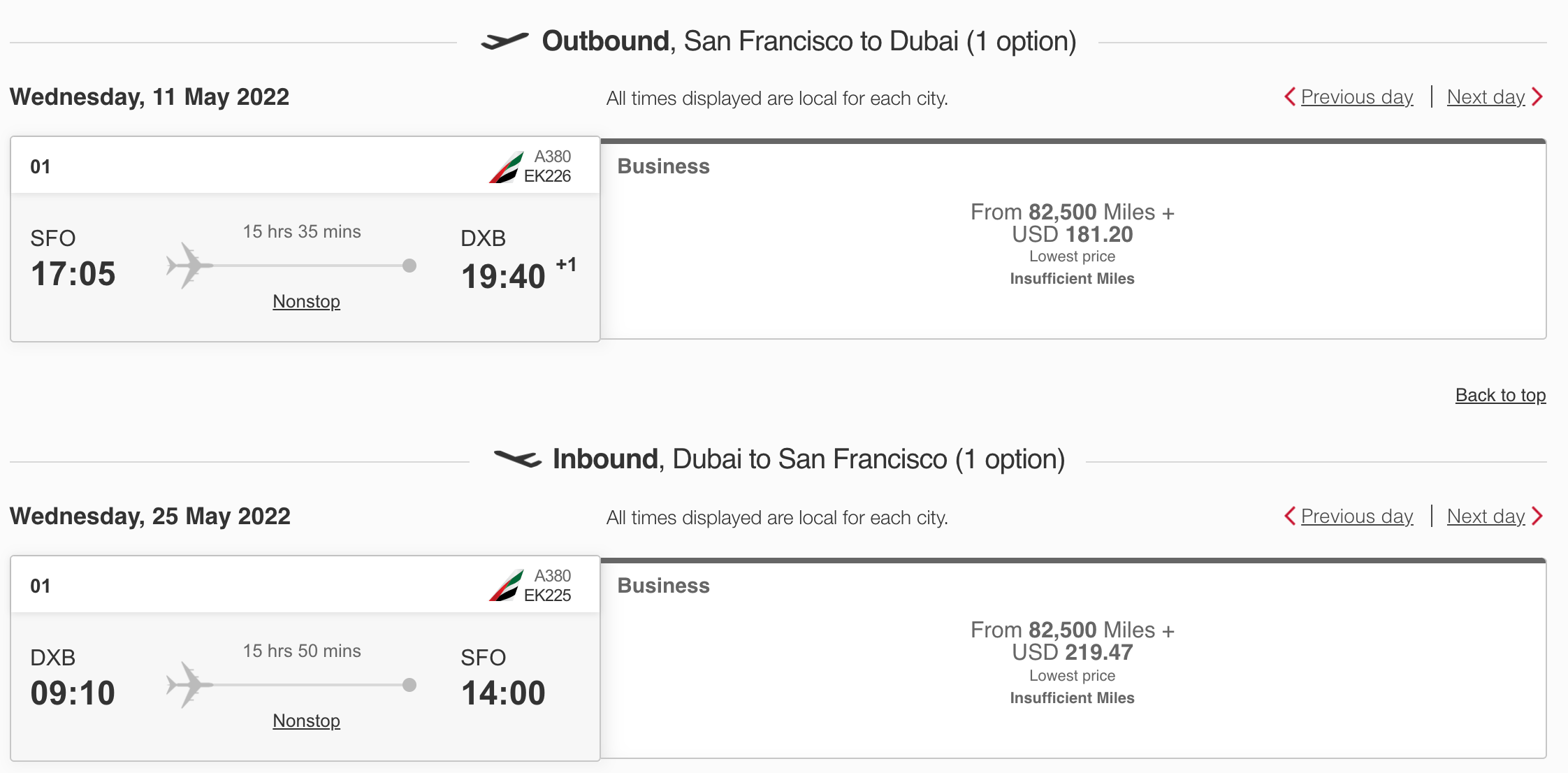 Emirates flight pricing from SFO to DXB