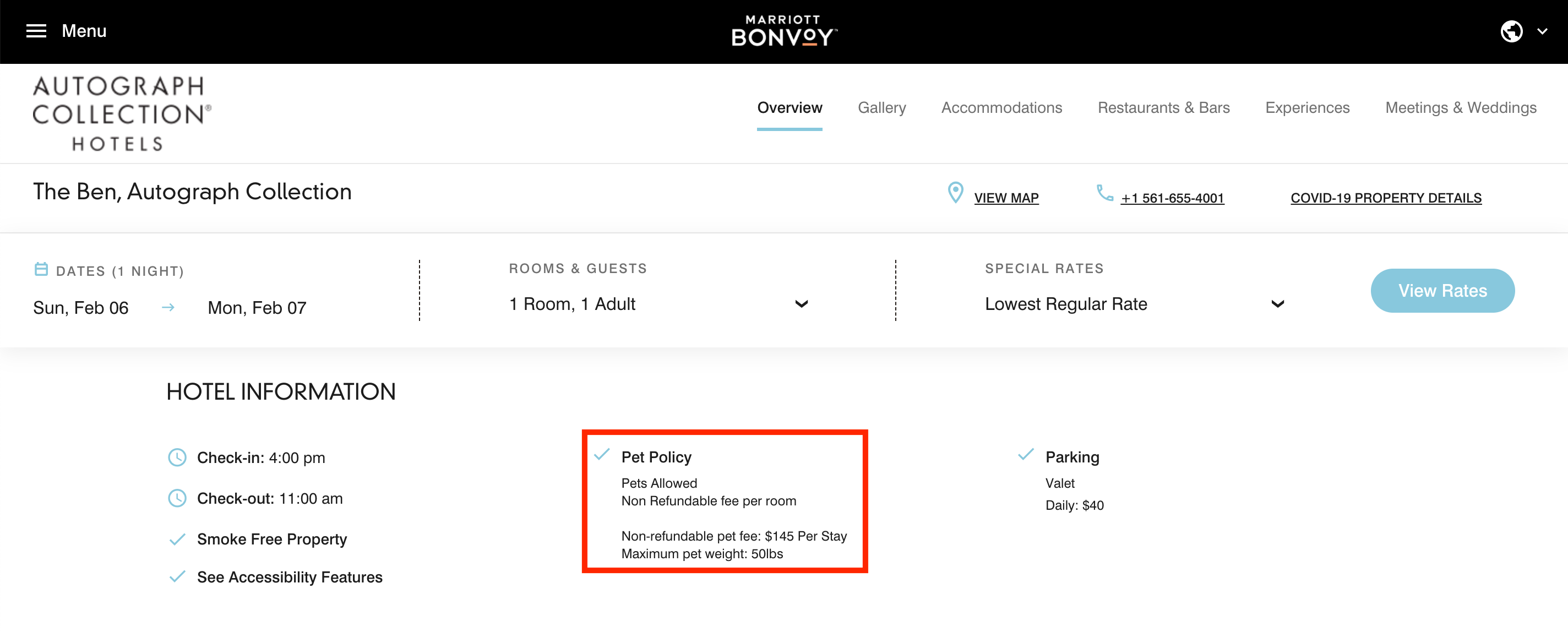 The Ben Hotel, part of Marriott's Autograph Collection, and its pet policy