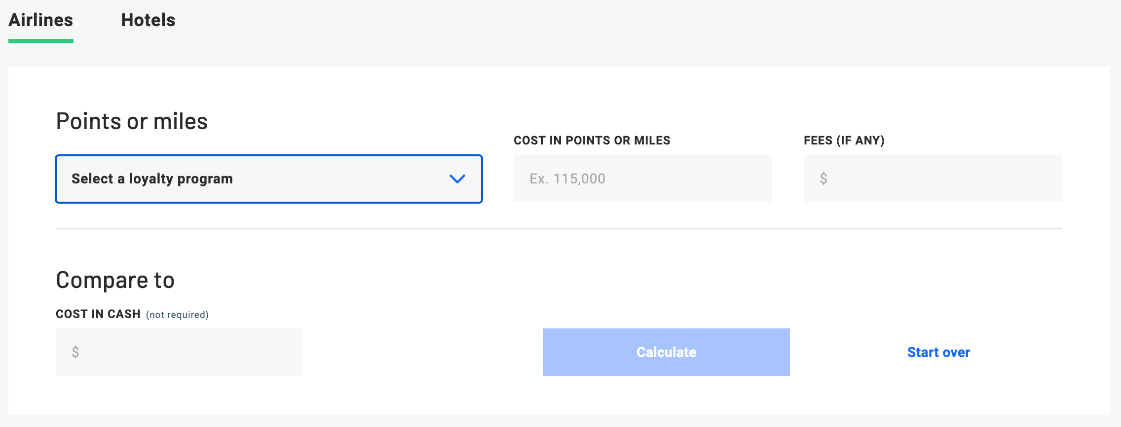 Landing page of the points and miles calculator