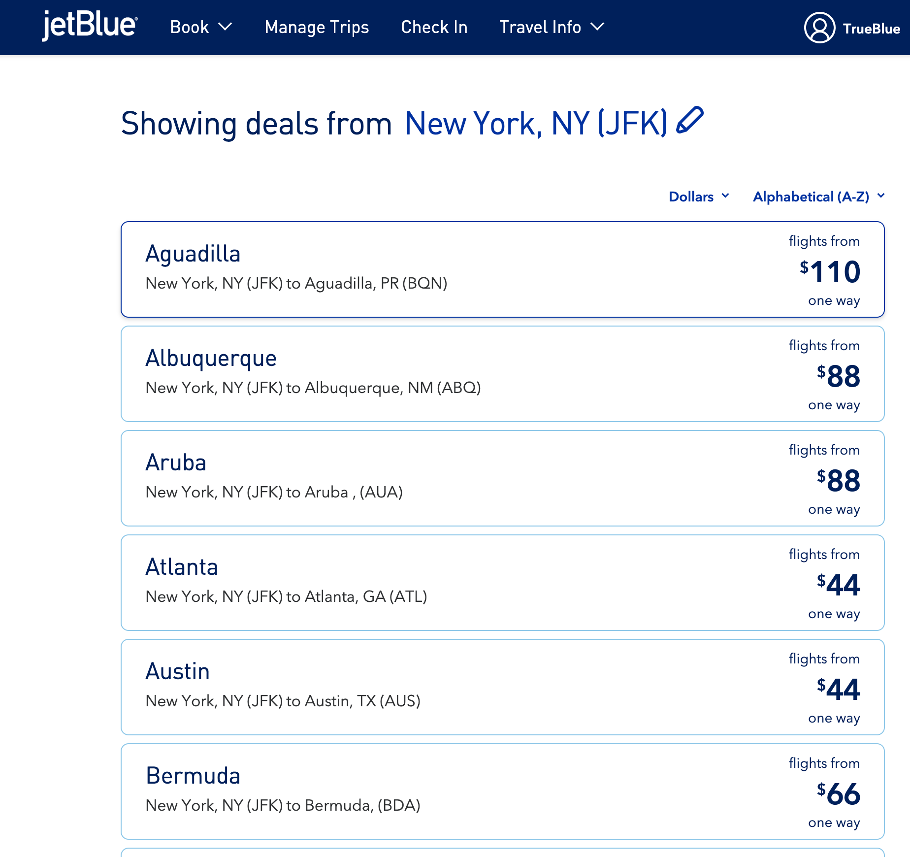 Big sale from JetBlue. (Screenshot courtesy JetBlue)