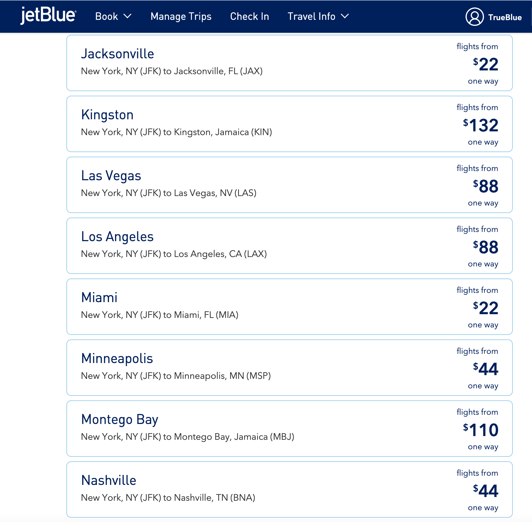 Big sale from JetBlue. (Screenshot courtesy JetBlue)