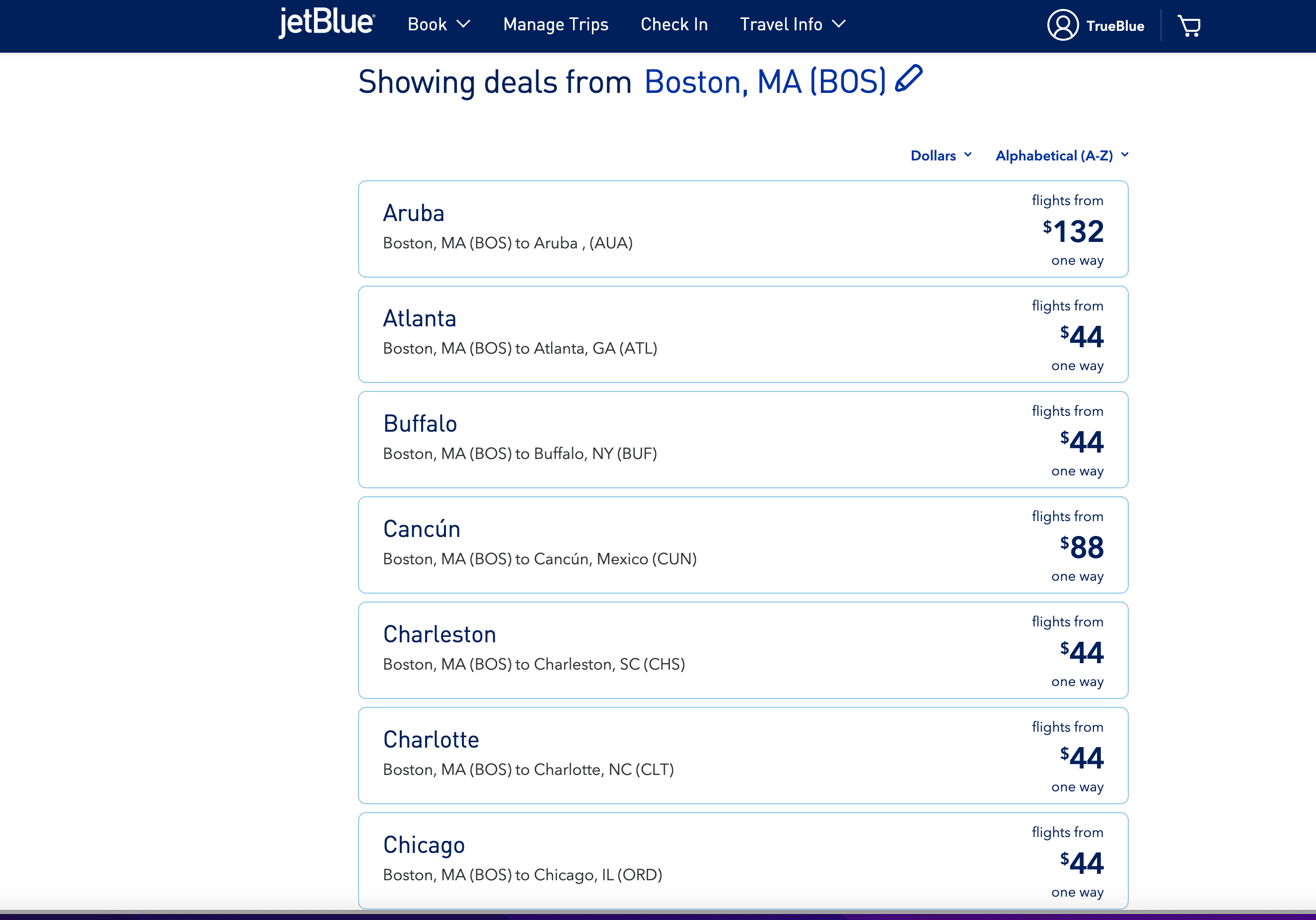 Great JetBlue deals from Boston. (Screenshot courtesy JetBlue)