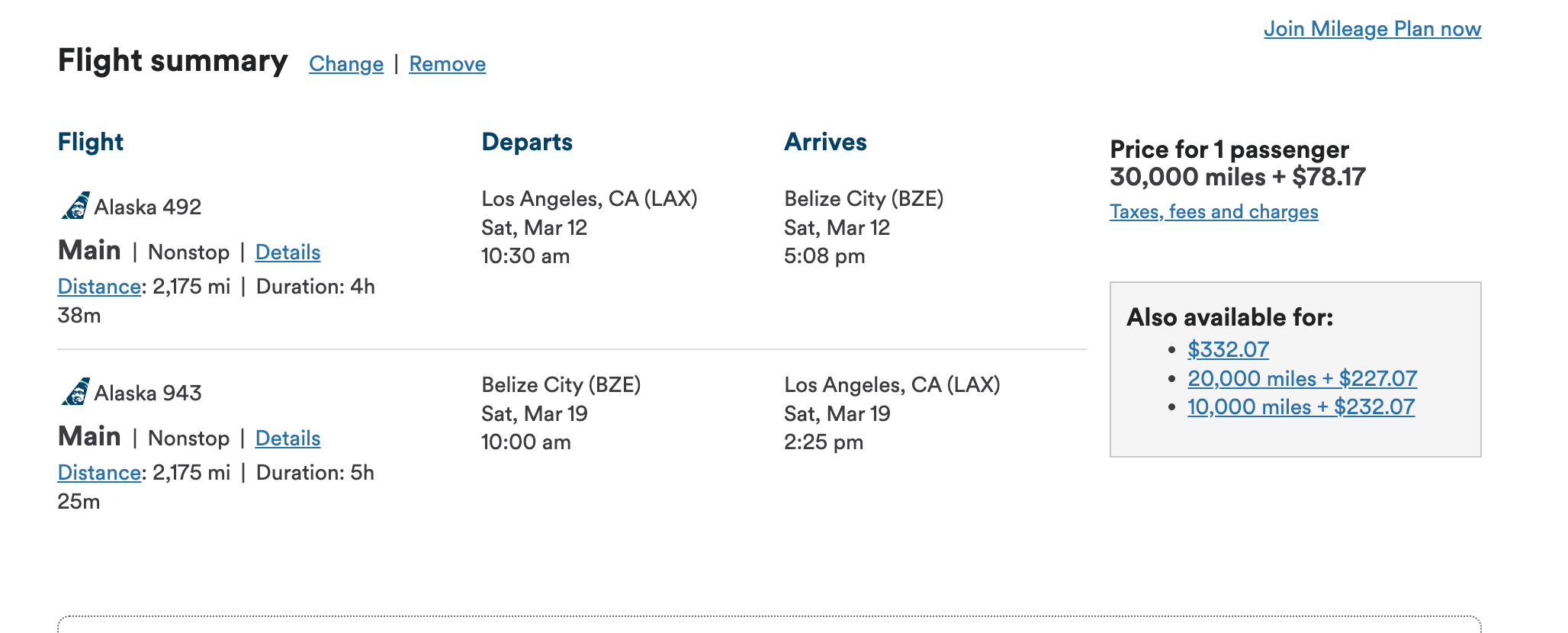 Alaska award flight from Los Angeles to Belize City. (Screenshot courtesy Alaska)