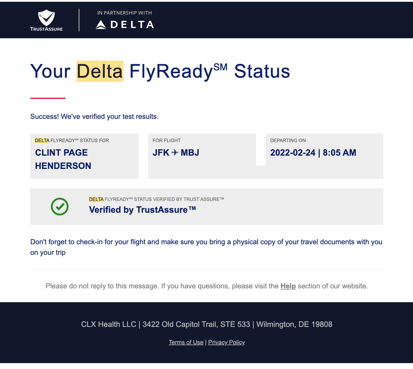 Delta Flyready approval. (Screenshot courtesy Delta Air Line)