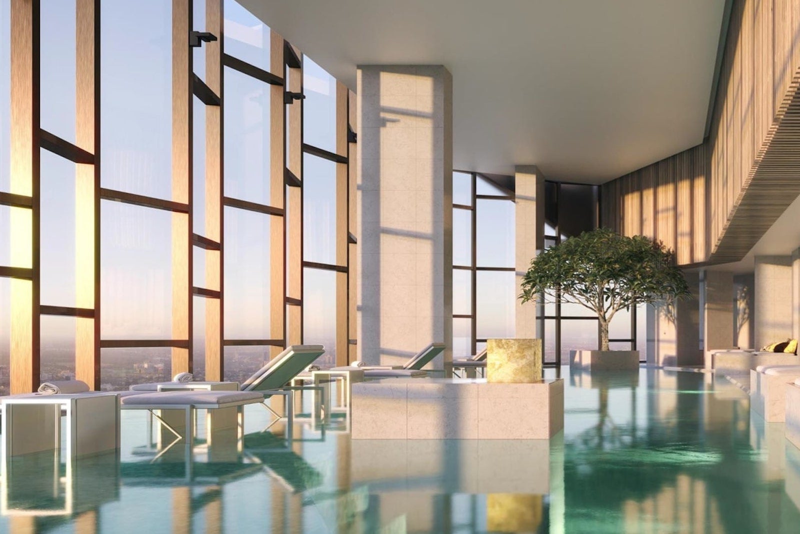 rendering of indoor hotel pool around huge glass windows