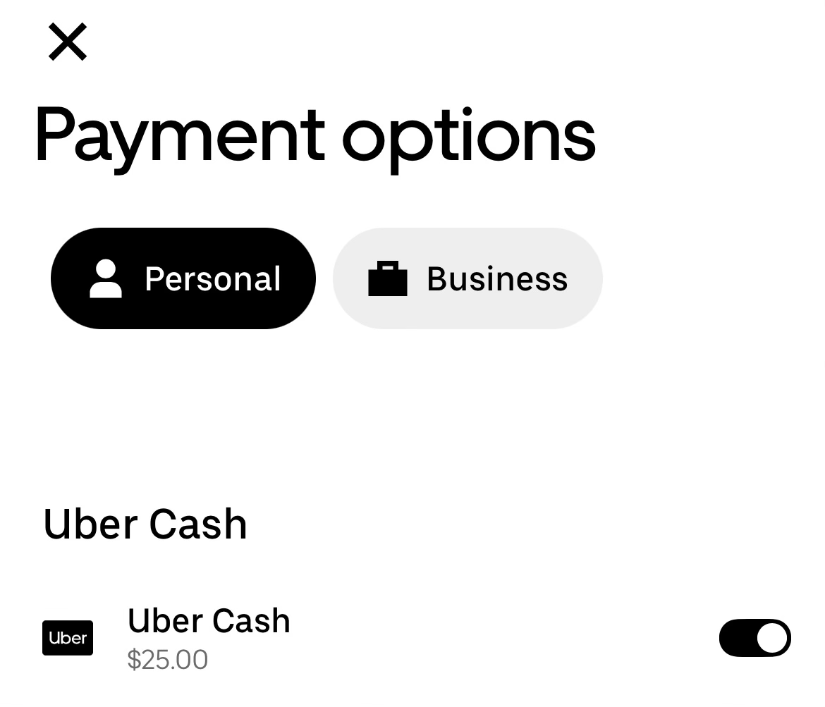 Uber payment options screenshot