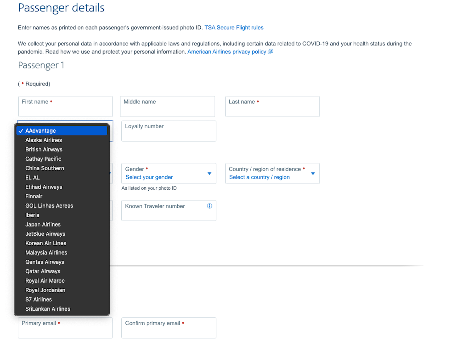 Image shows various loyalty program options for crediting your miles on an American Airlines booking