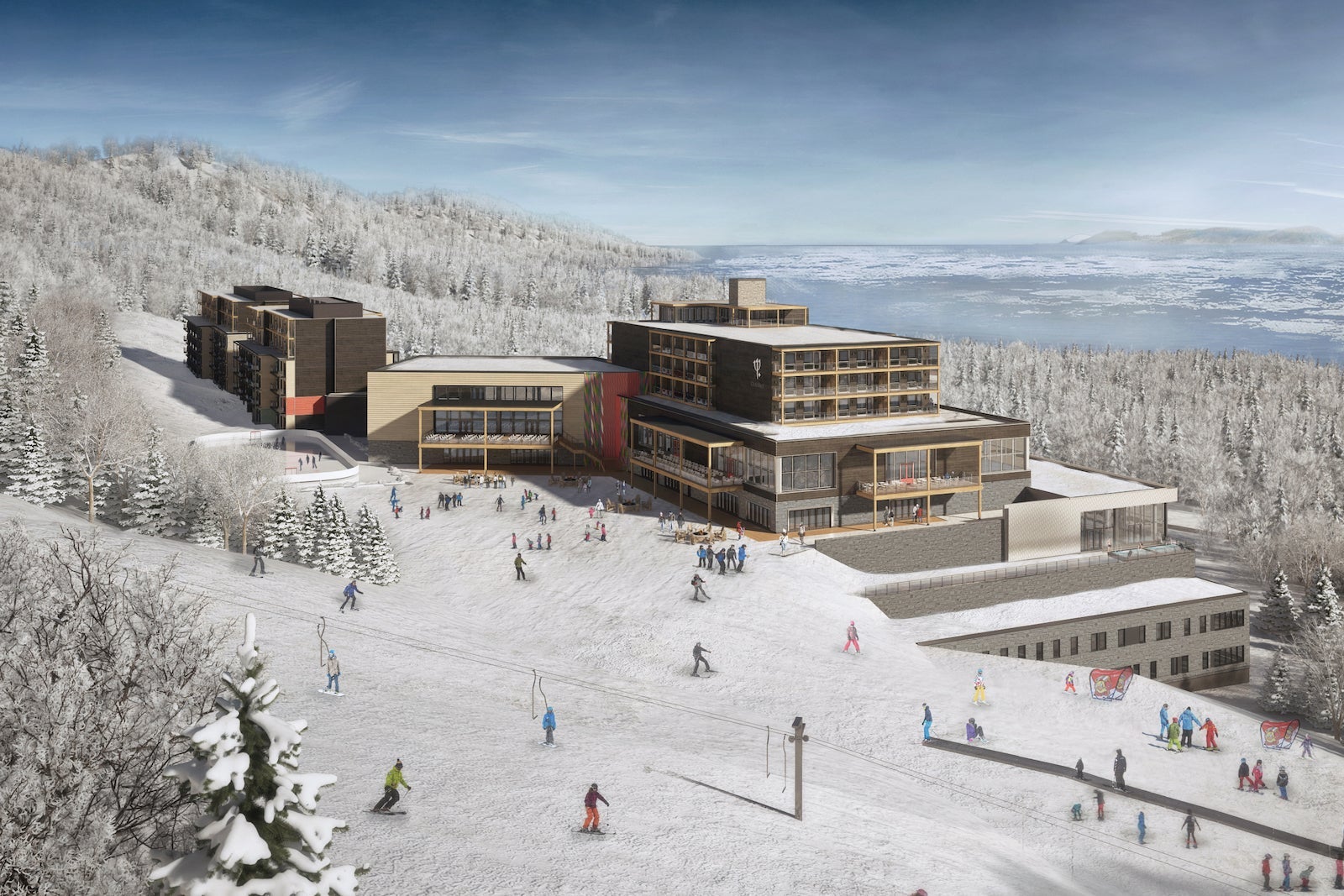 rendering of modern ski resort with people skiing