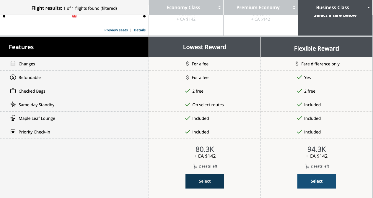 Award search on Aeroplan