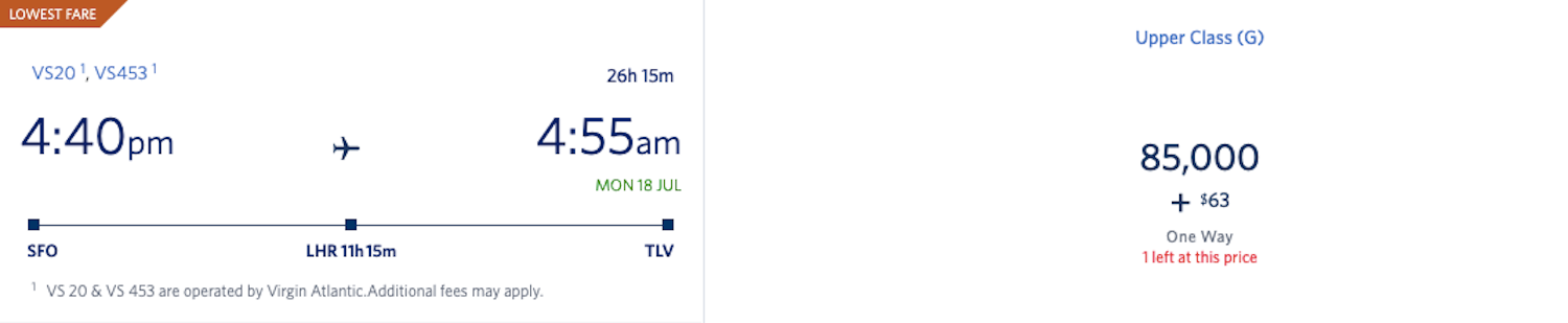 Screenshot of SkyMiles award pricing SFO-LHR-TLV in business class