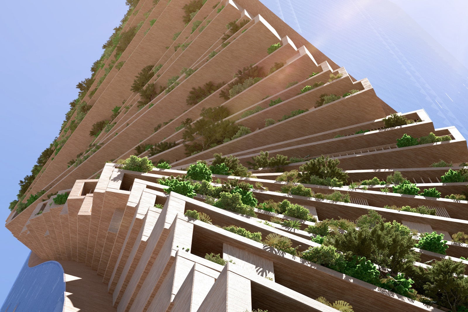 rendering of tower building with green plants on balconies