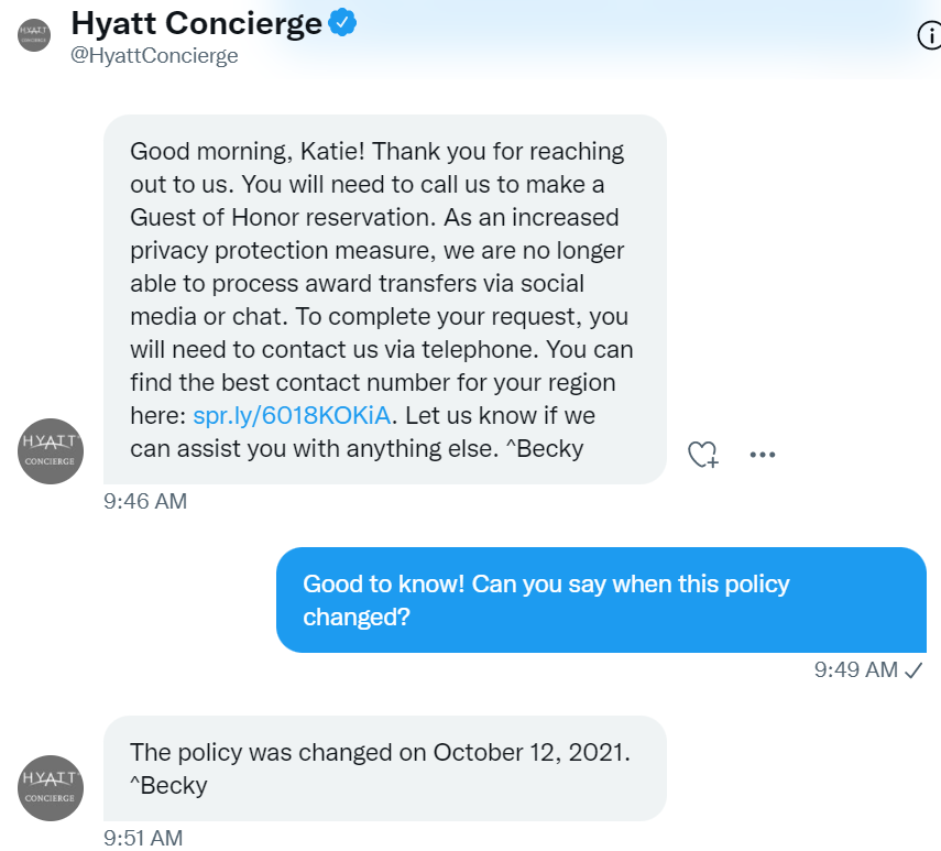 Direct message with Hyatt Concierge