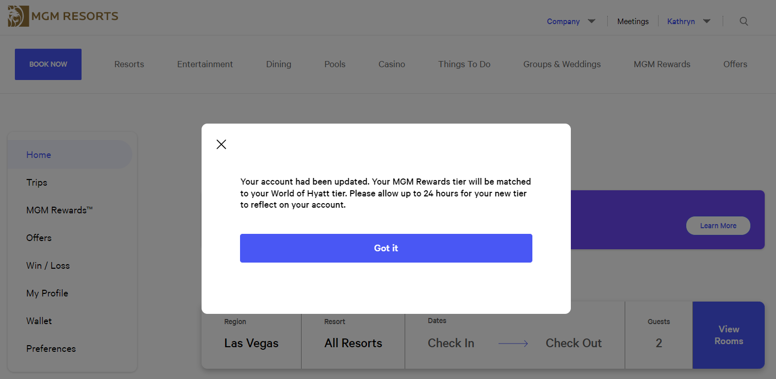 Matching Hyatt status to MGM