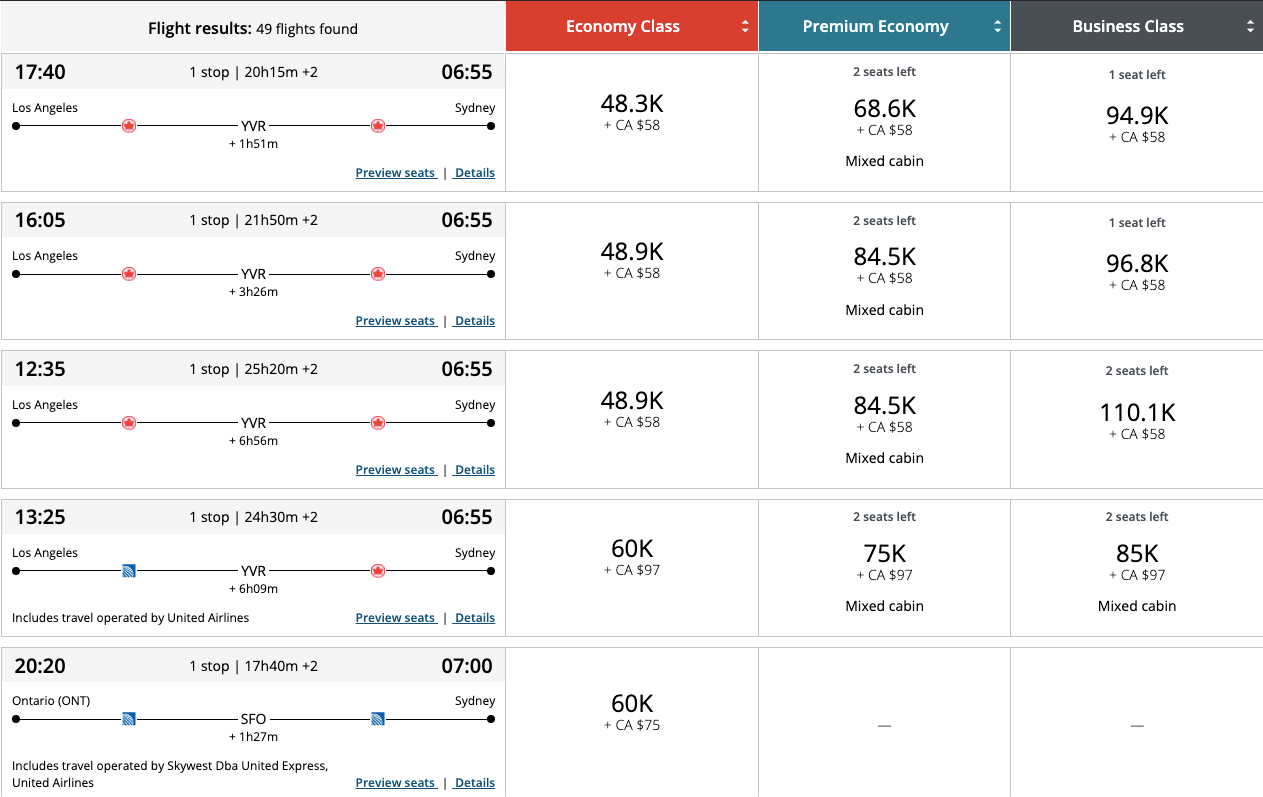 Award search on Aeroplan