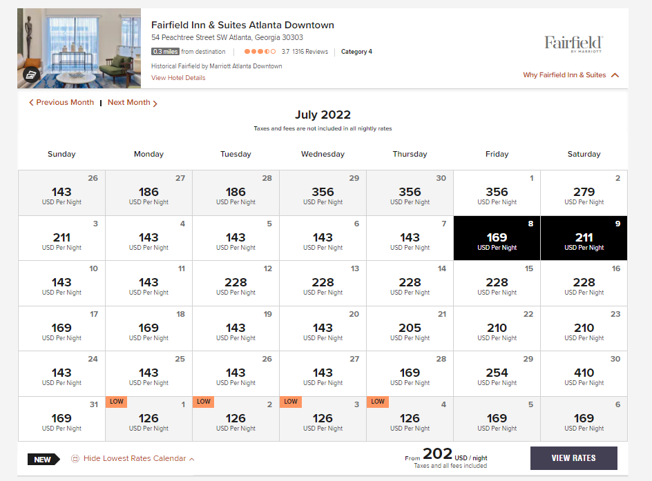 Marriott Lowest Rates Calendar