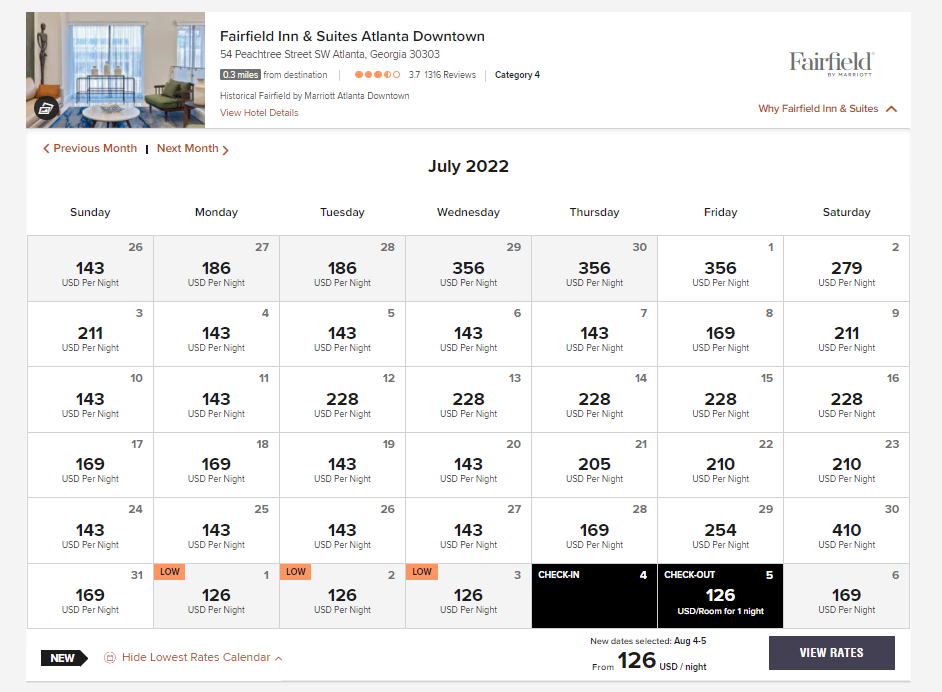 Marriott Lowest Rates Calendar