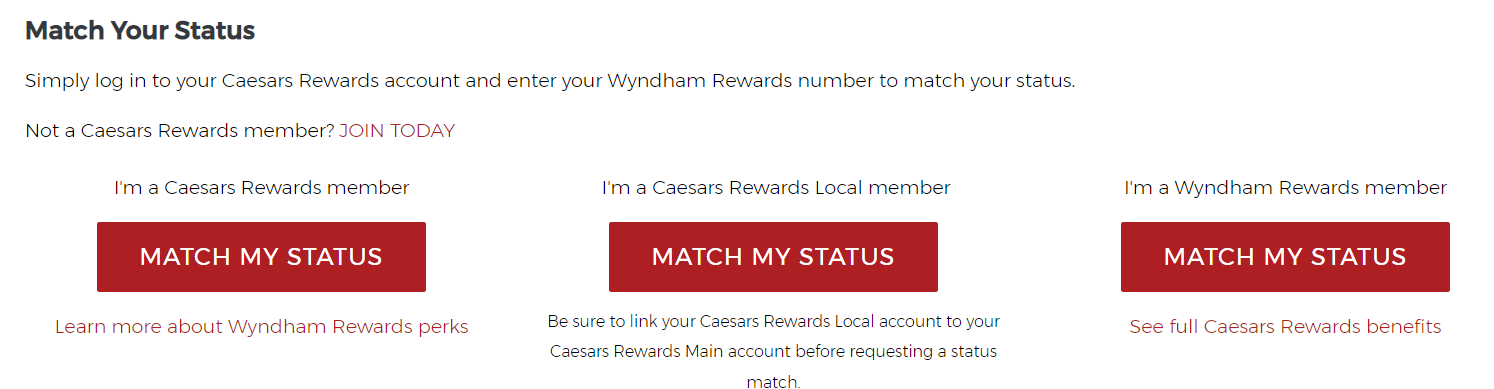 Matching status between Caesars and Wyndham
