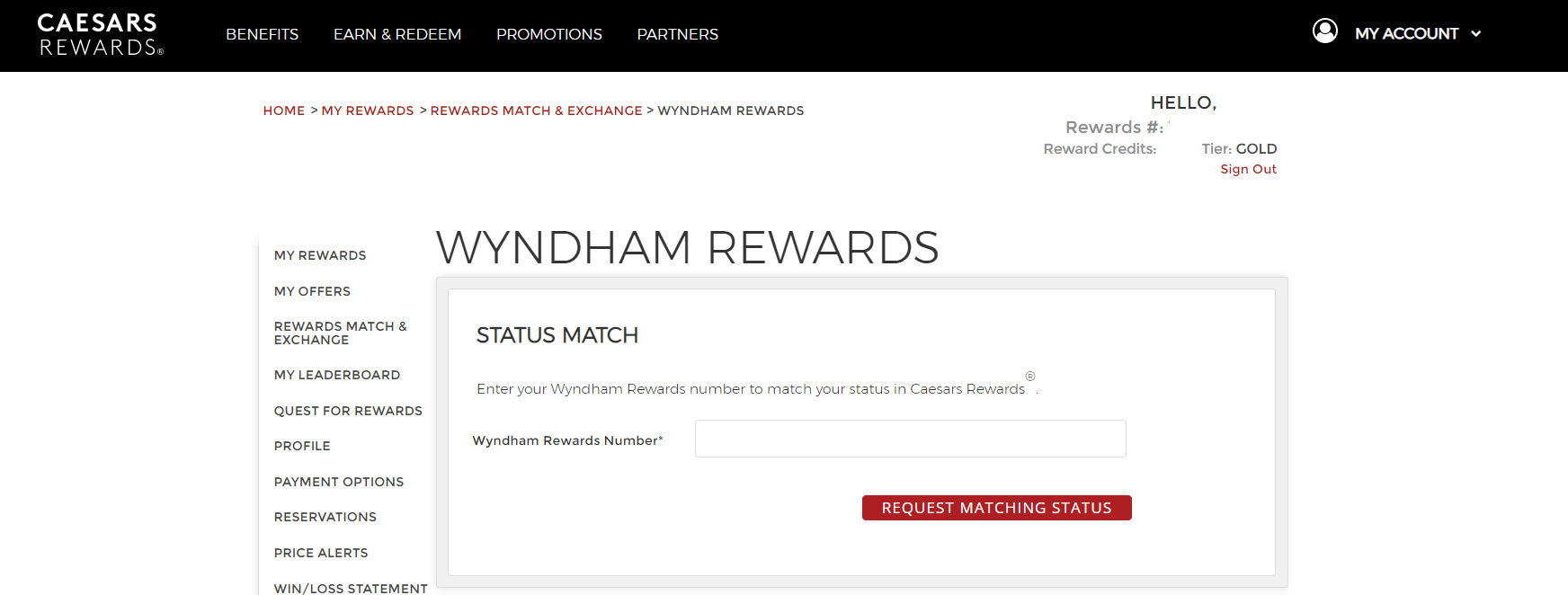 Matching Wyndham status to Caesars