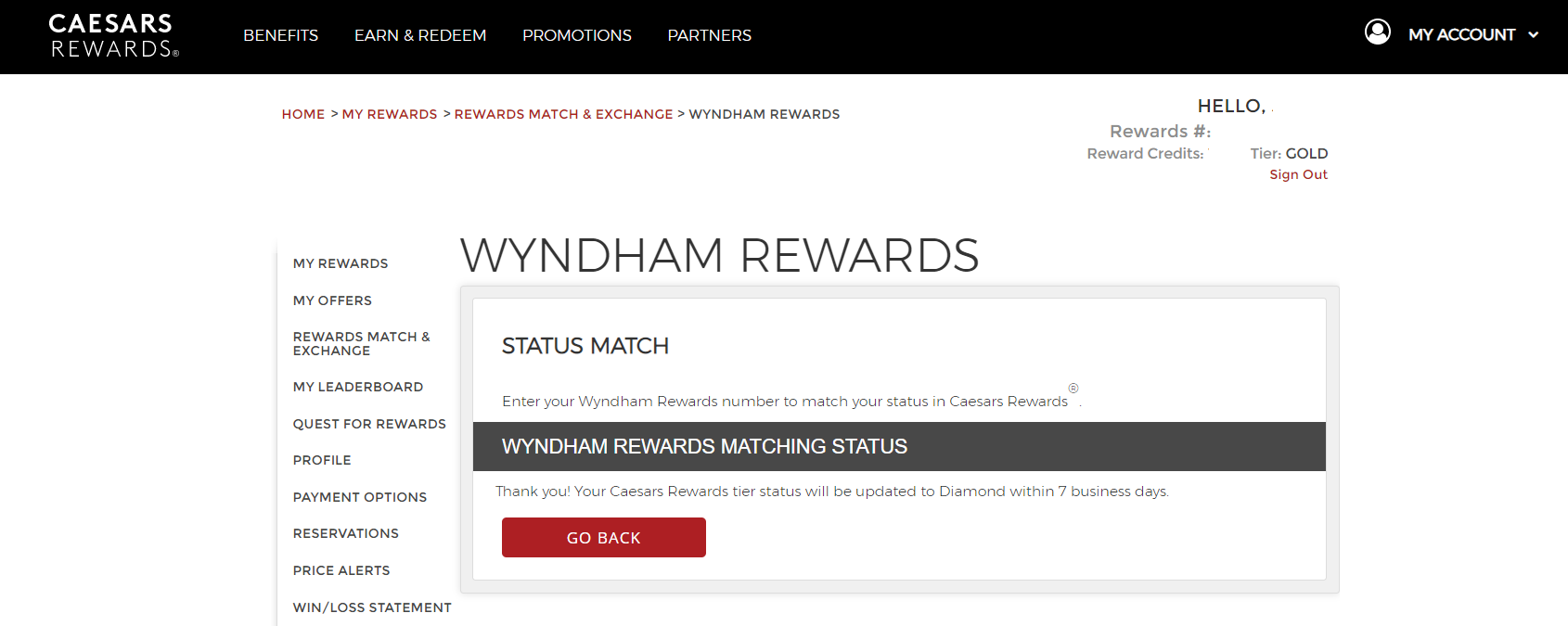 Matching Wyndham status to Caesars