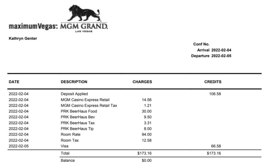 MGM Grand receipt