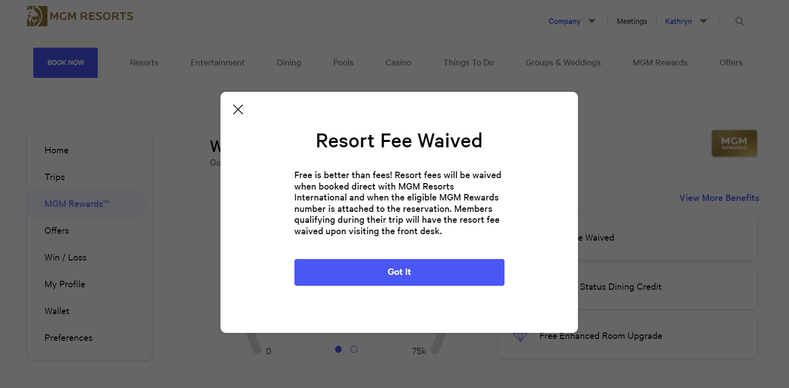 MGM Resorts waived resort fees popup