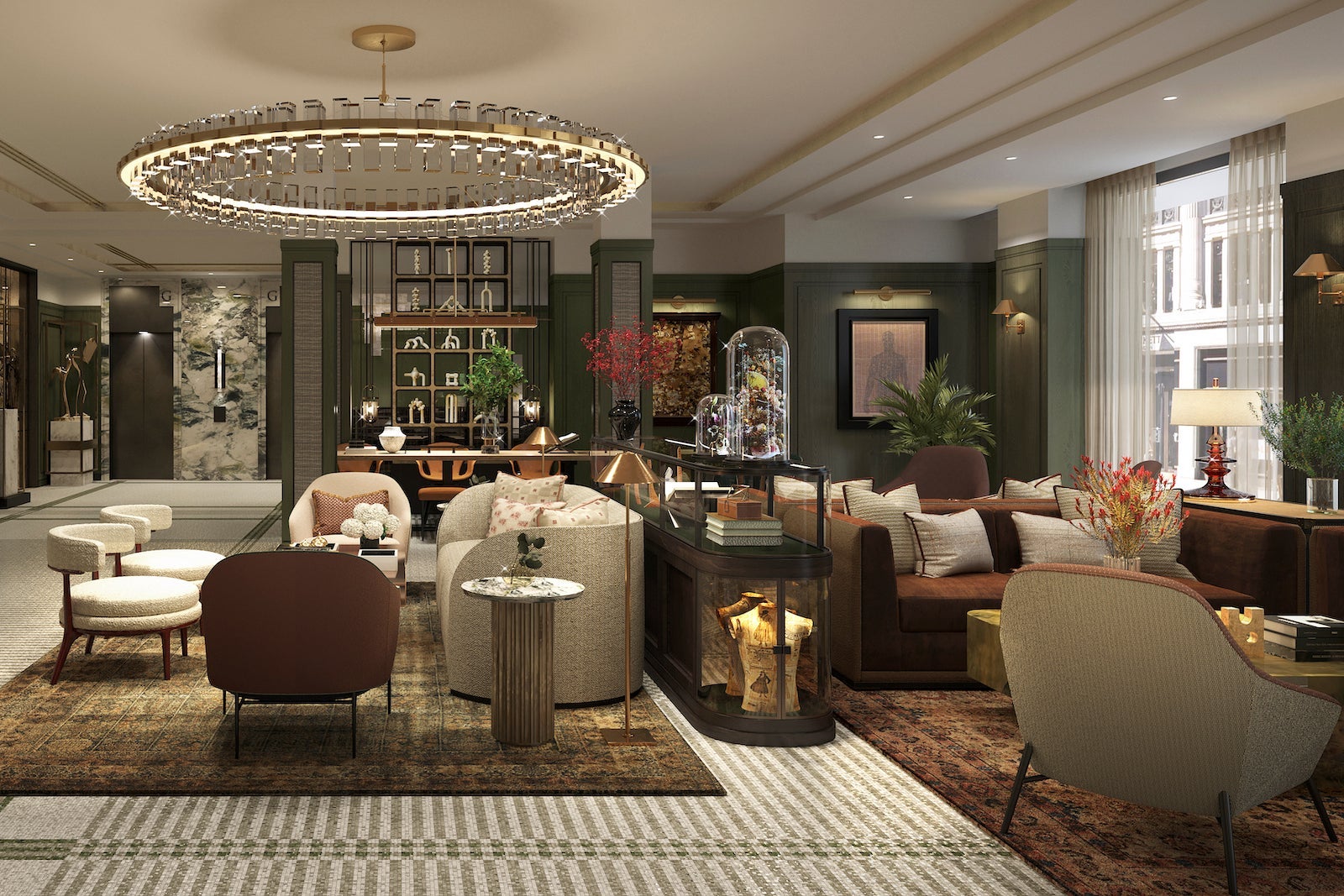 rendering of St. Regis London lobby with round chandelier, seating and tile floor