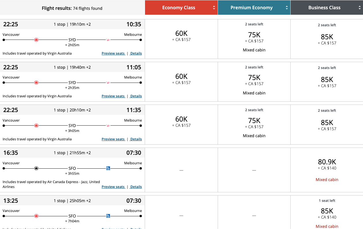 Award search on Aeroplan