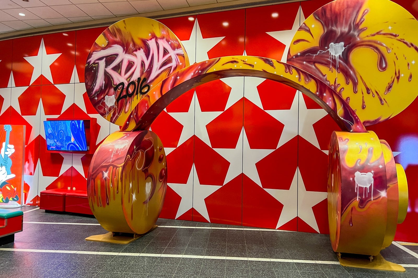 Oversized headphone art display in lobby of Disney's All-Star Music Resort