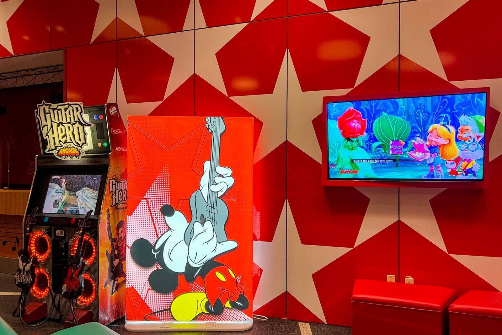 Guitar Hero game and TV inside lobby of Disney's All-Star Music Resort