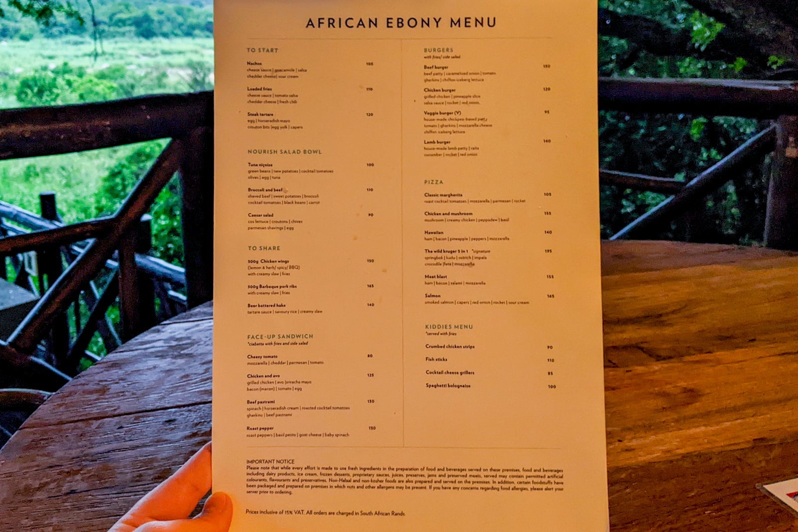 Protea Hotel Kruger Gate dinner menu