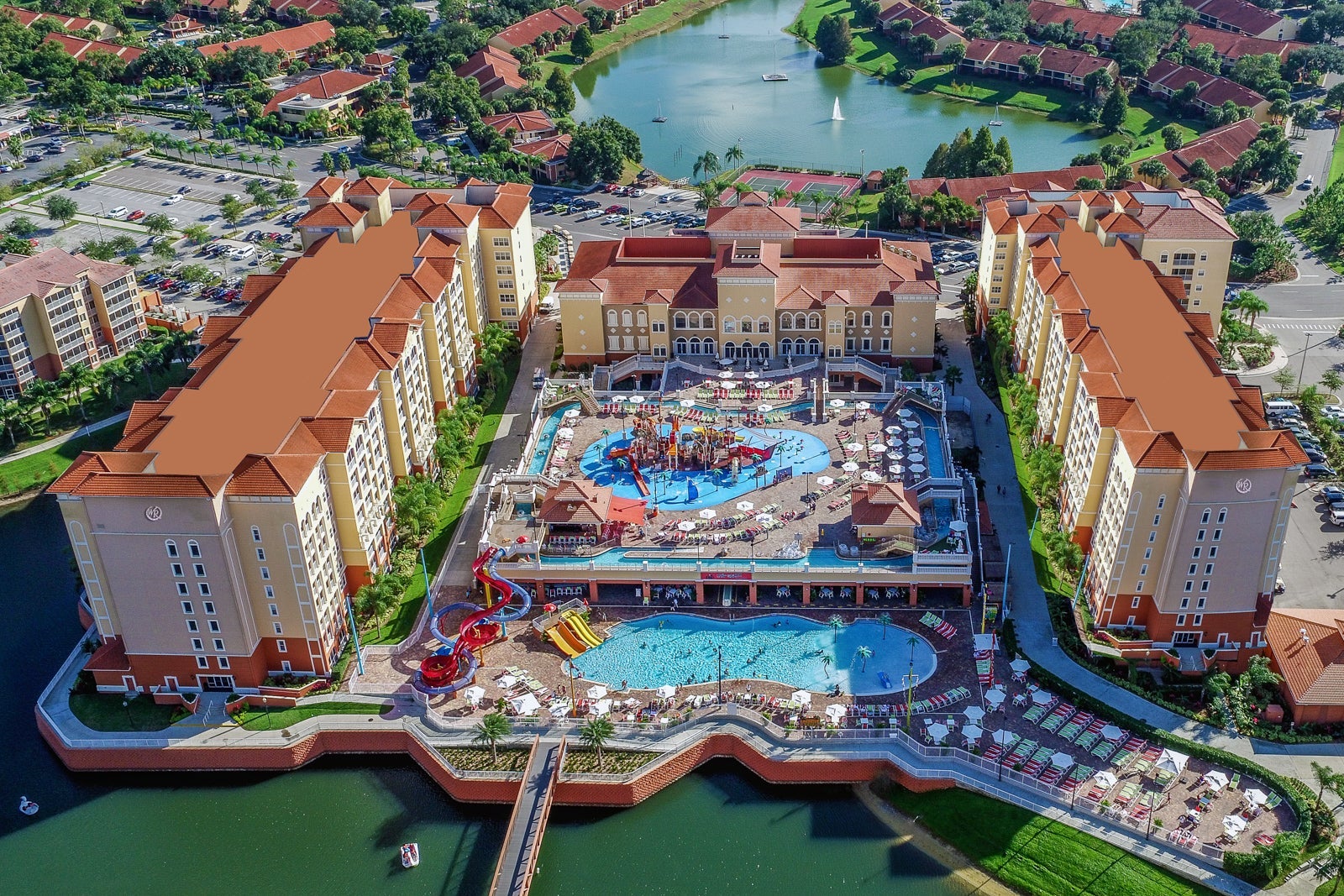 Exterior of hotel and waterpark at Westgate Town Center Resort
