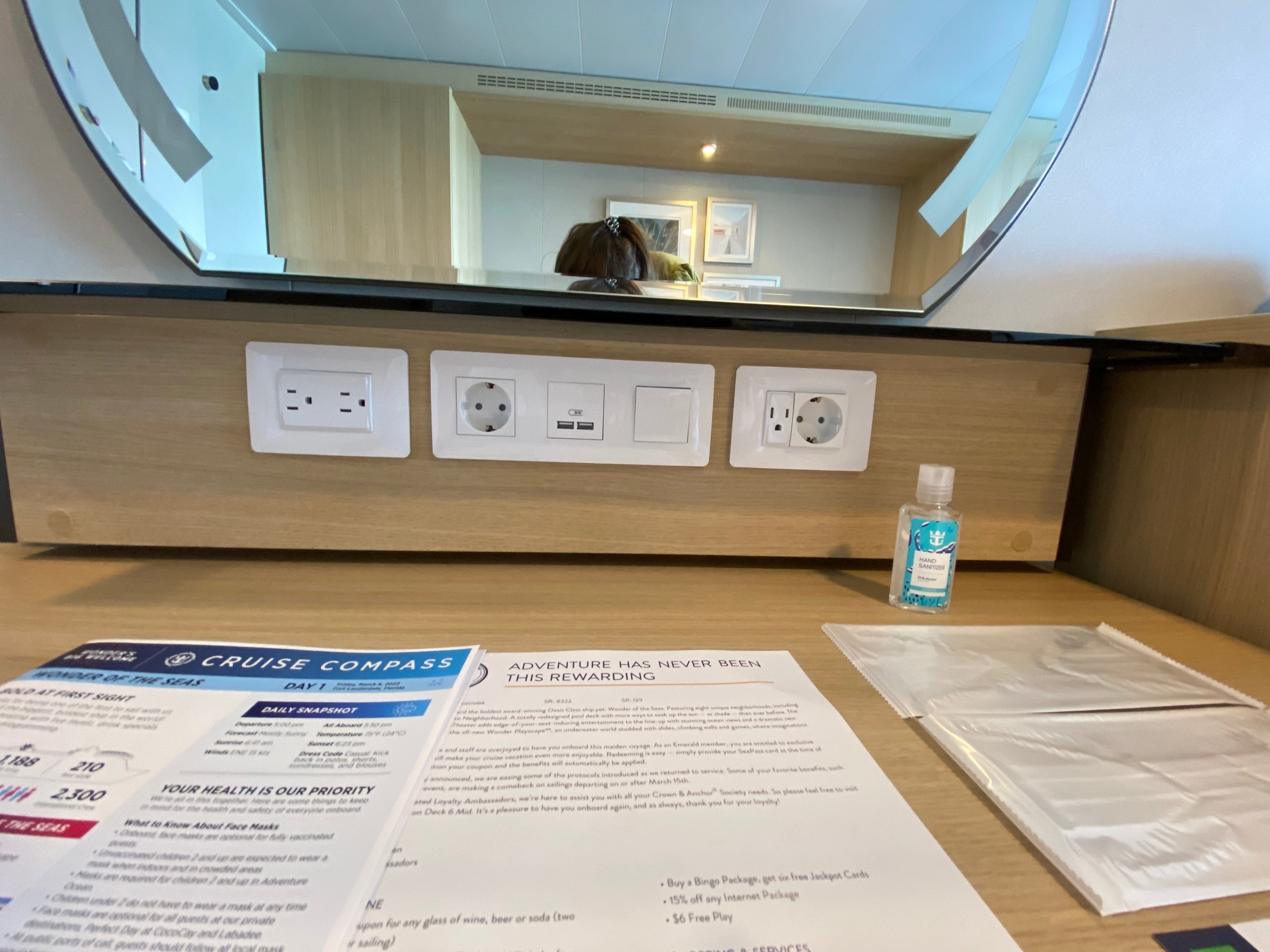 Desk outlets in a balcony cabin on Royal Caribbean's Wonder of the Seas.