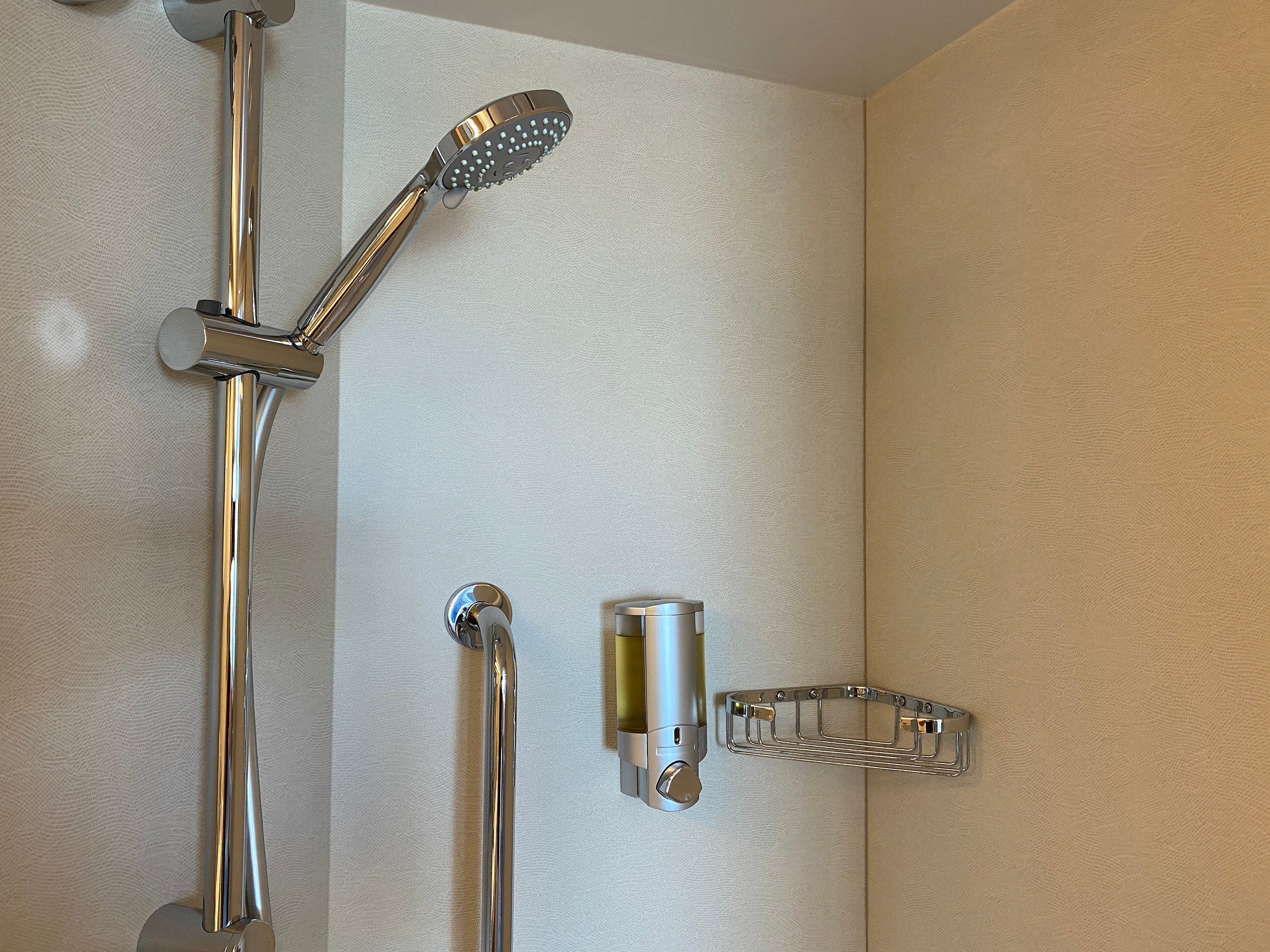Shower head and soap dish in a balcony cabin on Royal Caribbean's Wonder of the Seas.