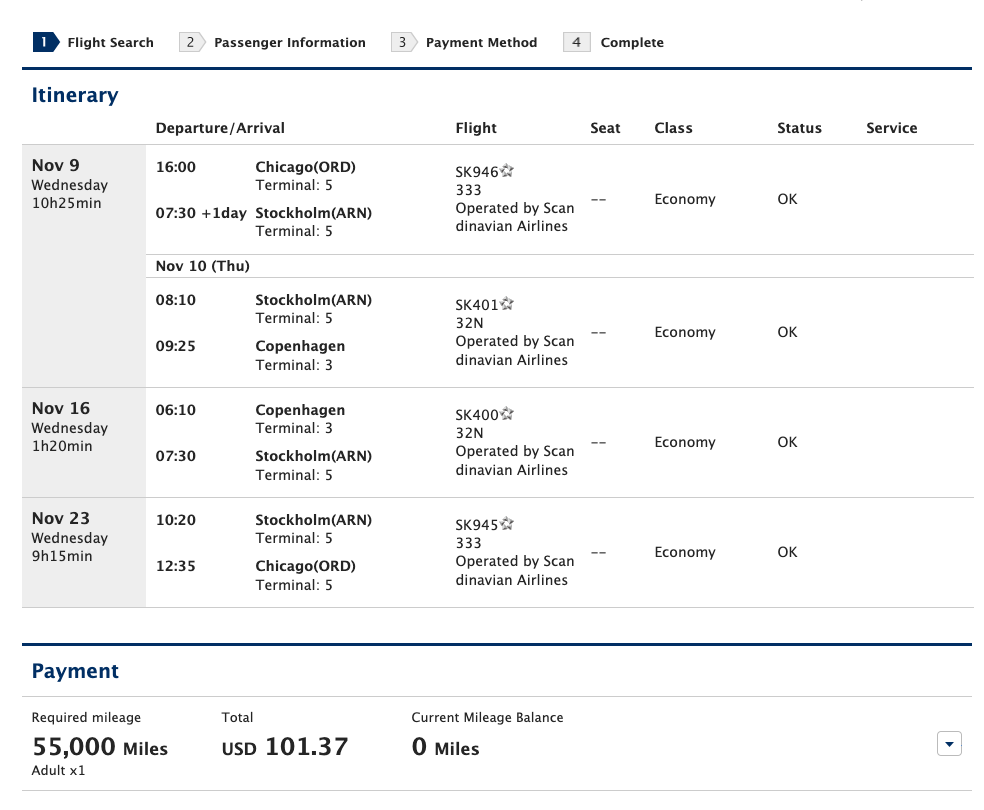 ANA itinerary to CPH and ARN