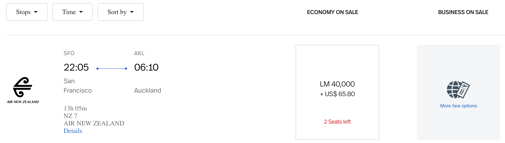 Air New Zealand SFO-AKL Lifemiles award