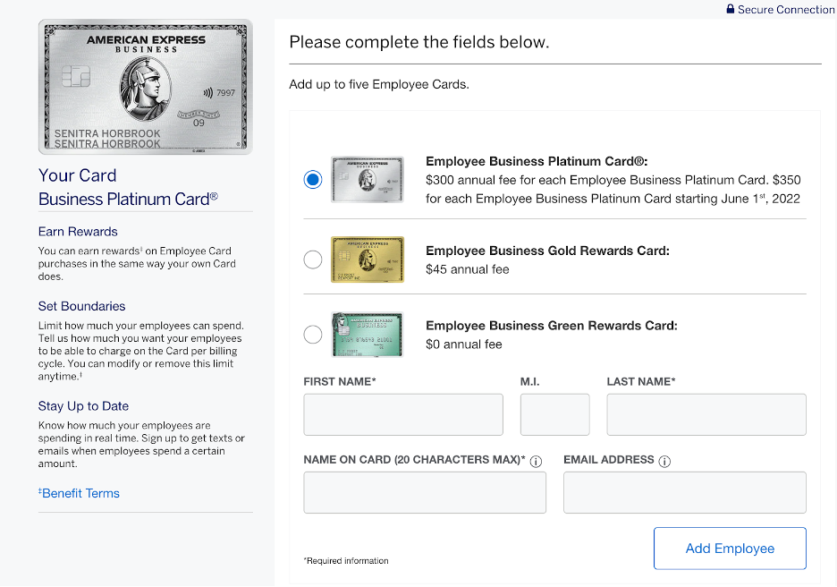 New employee card fee on the American Express Business Platinum Card