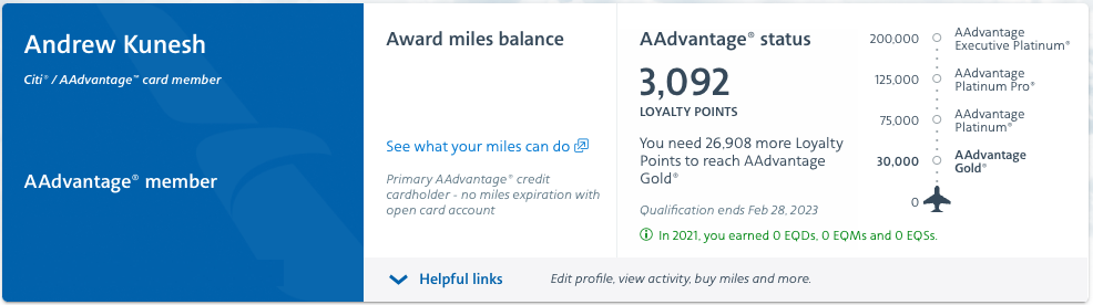 Andrew Kunesh AAdvantage account screenshot