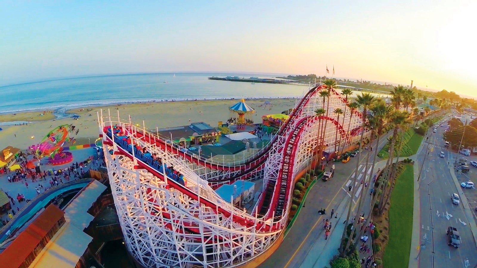 Aerial view of roller coaster at Santa Cruz Beach Boardwalk