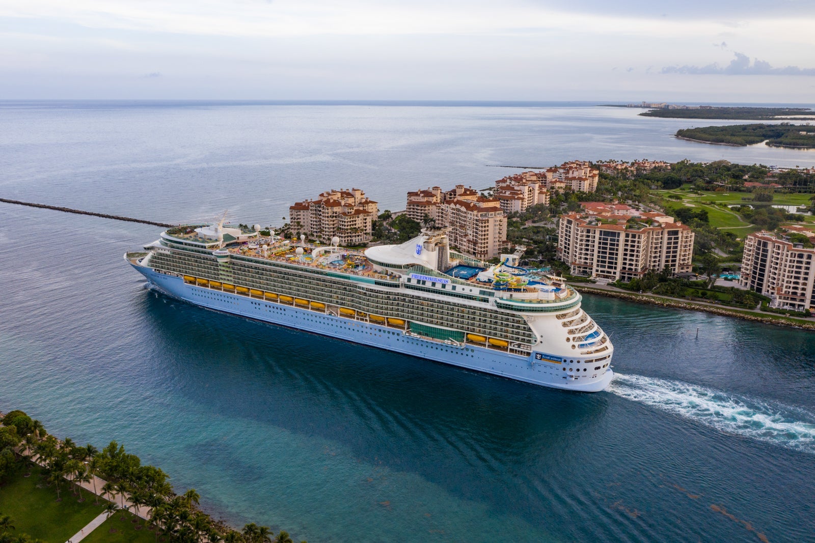 Cruise ship sailing out of port