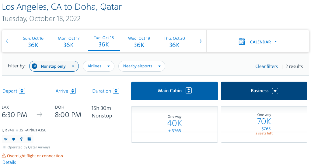 LAX to DOH award space